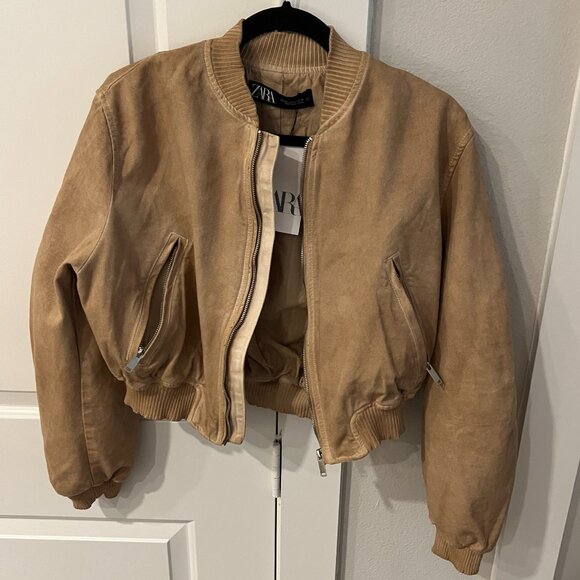NWT | Zara | XS | Women Cropped Bomber Jacket in Tan (functional zips & pockets) - Picture 1 of 5